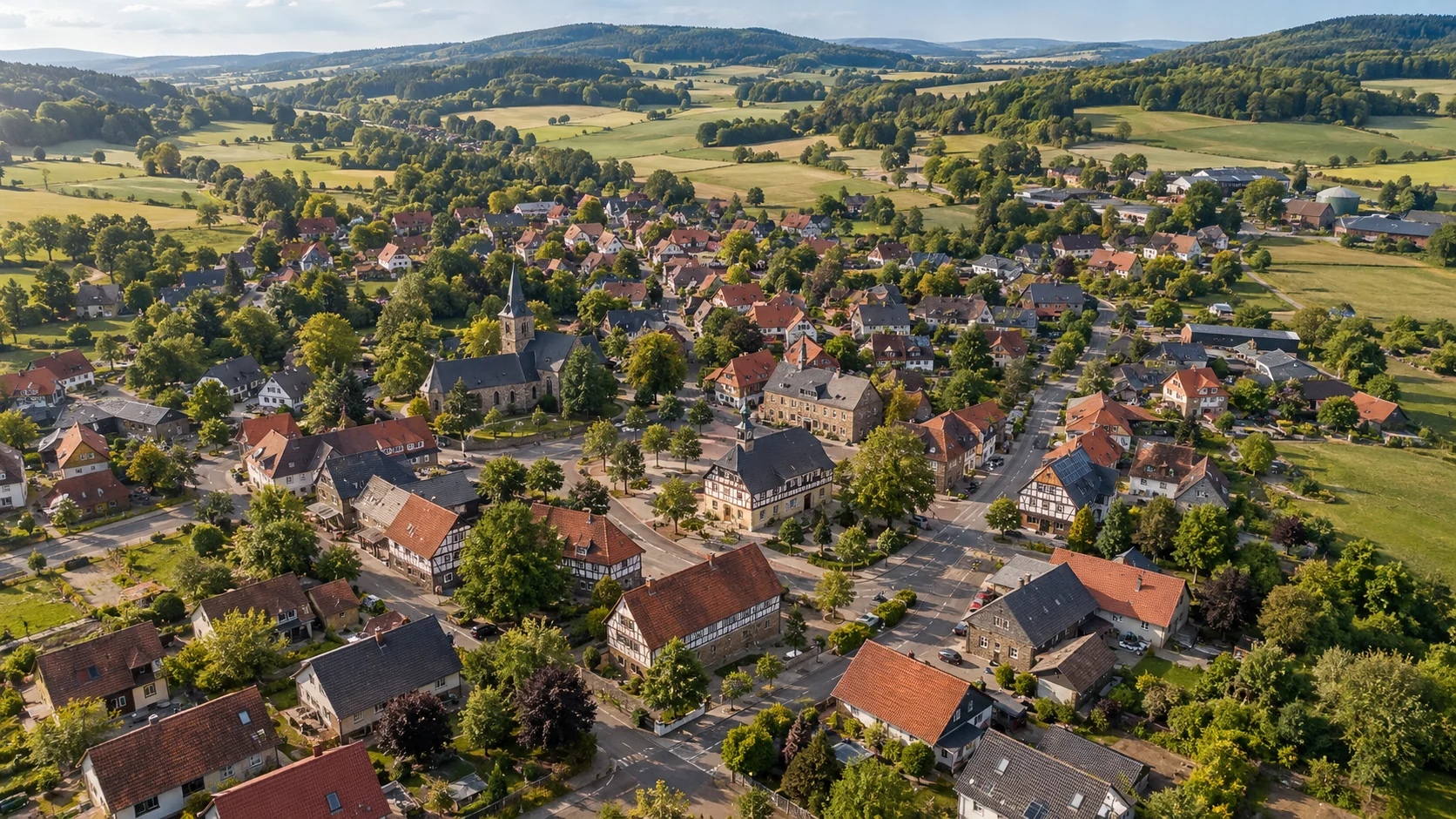 Panoramaaufnahme von Falkenrode zwischen Wäldern und Feldern