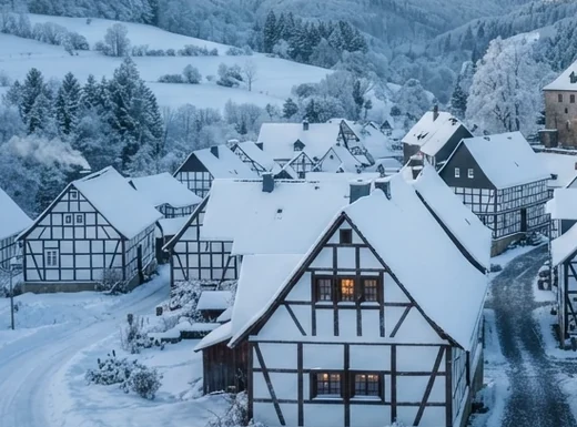 Historische Fachwerkhäuser im winterlichen Falkenrode