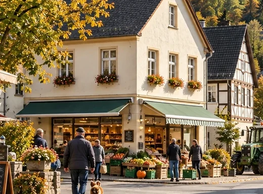 Marktbereich mit Obst und Gemüse im Dorfkern