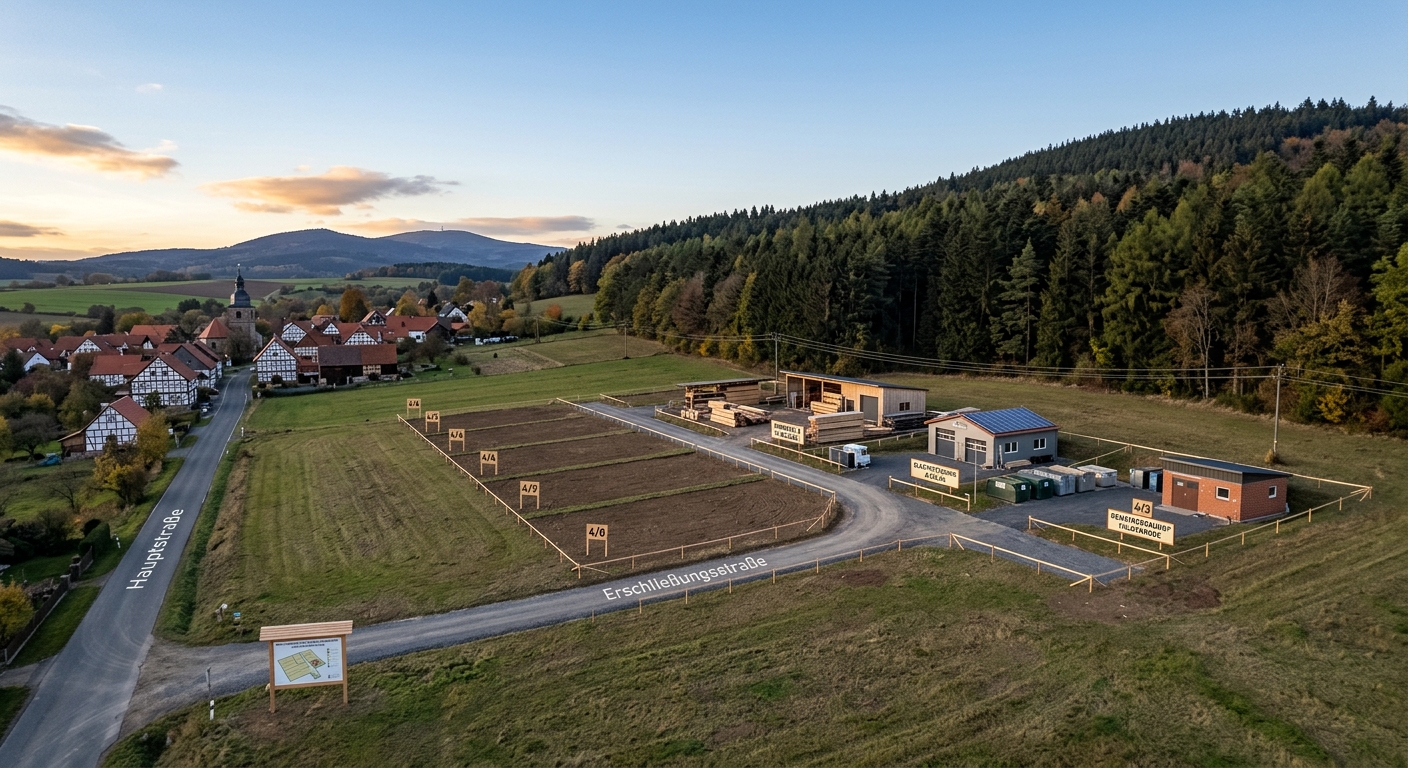 Perspektivische Entwurfsansicht des Gewerbegebiets Am Vogelsbergblick am Ortsrand