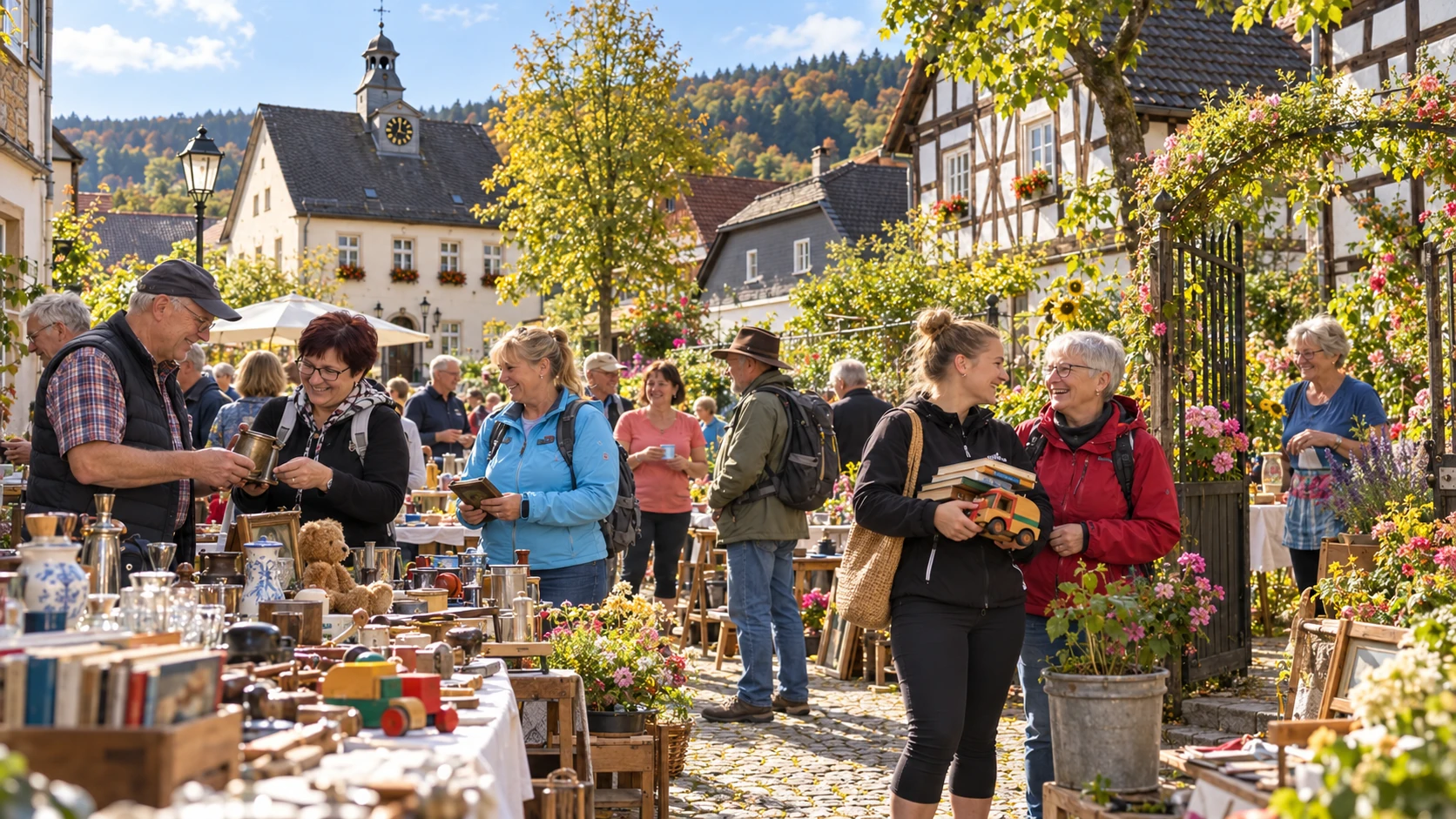 Lebendiger Hof- und Gartenflohmarkt mit Ständen und Besuchern in Falkenrode