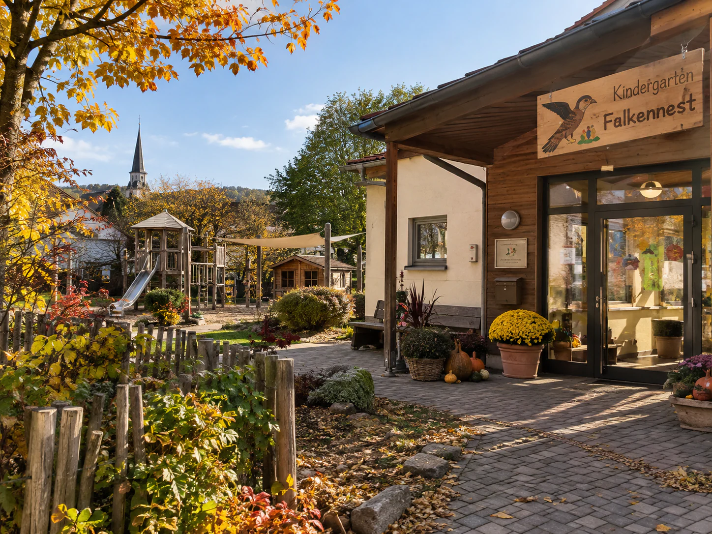 Spielgarten und Eingangsbereich des Kindergartens Falkennest