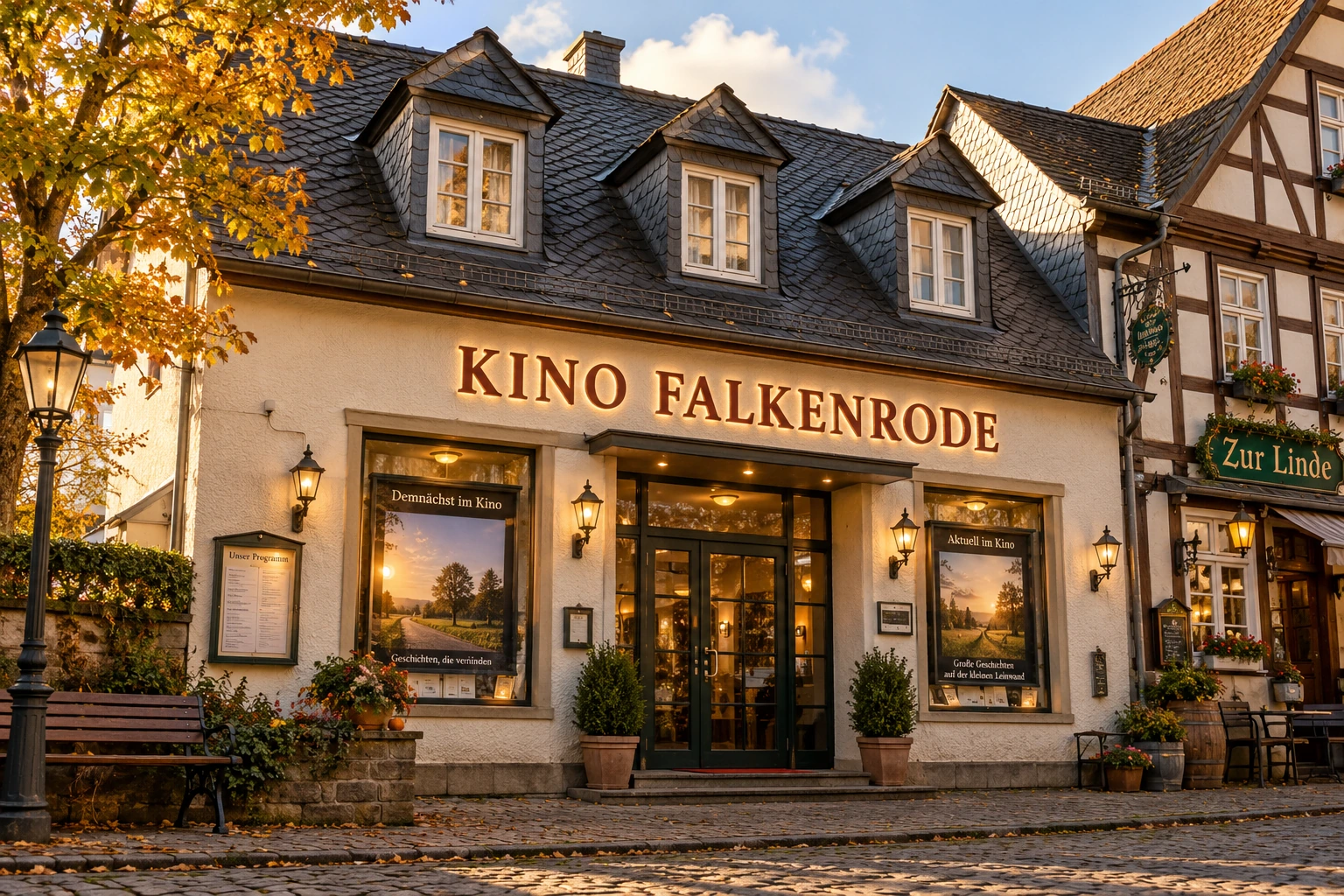 Dorfkino Falkenrode mit eigenem Eingang und sichtbarem Schriftzug; daneben die beschilderte Schankwirtschaft Zur Linde