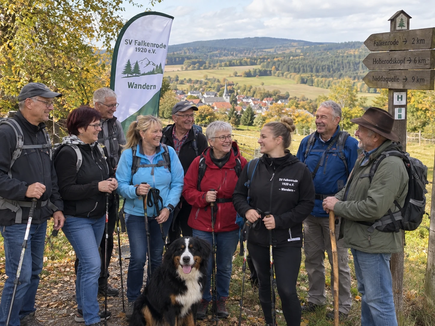 Wandergruppe des SV Falkenrode auf einem Höhenweg über dem Dorf