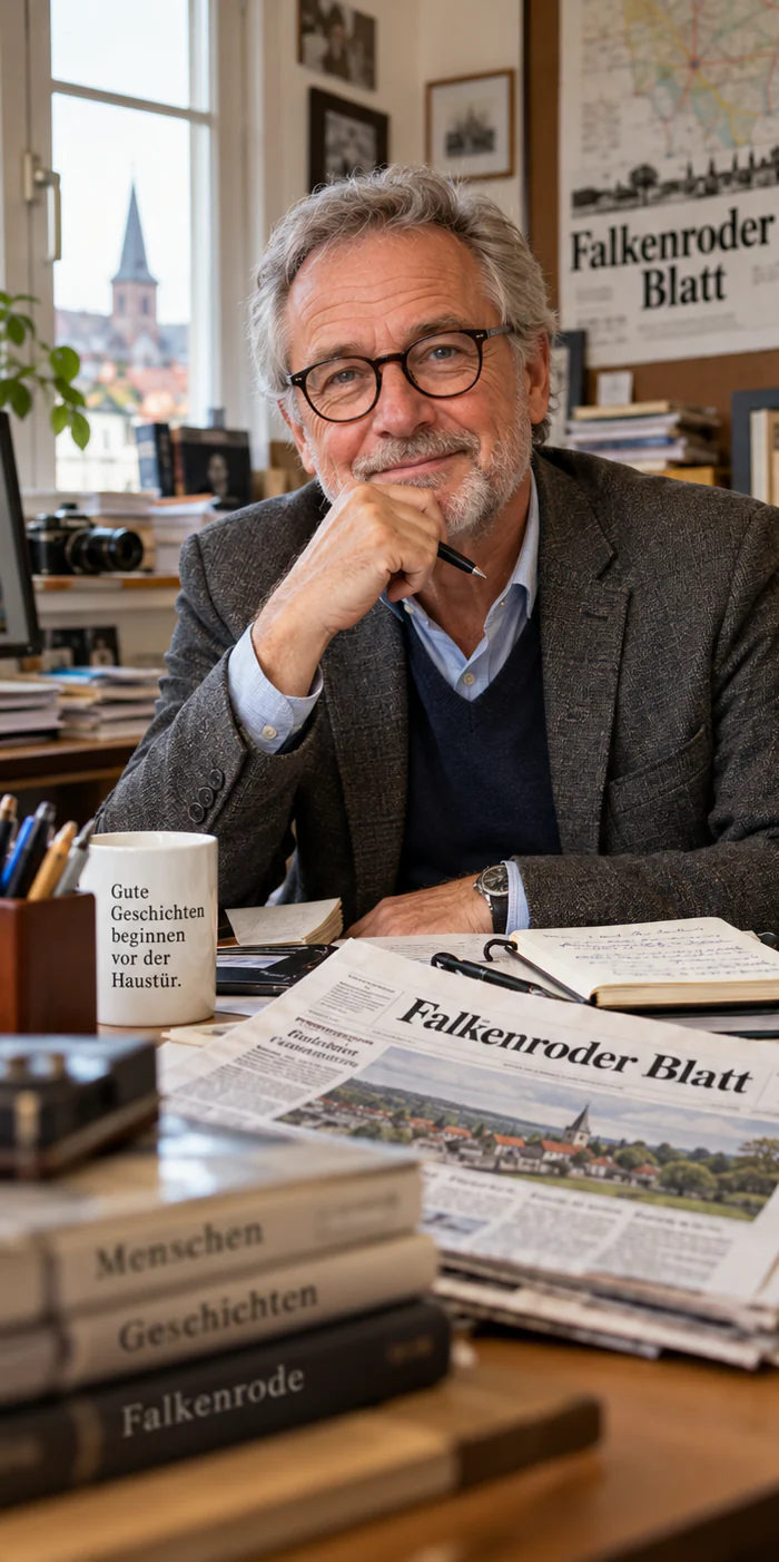 Wolfgang Schüttler, Redakteur und Leiter des Falkenroder Blatts, an seinem Schreibtisch