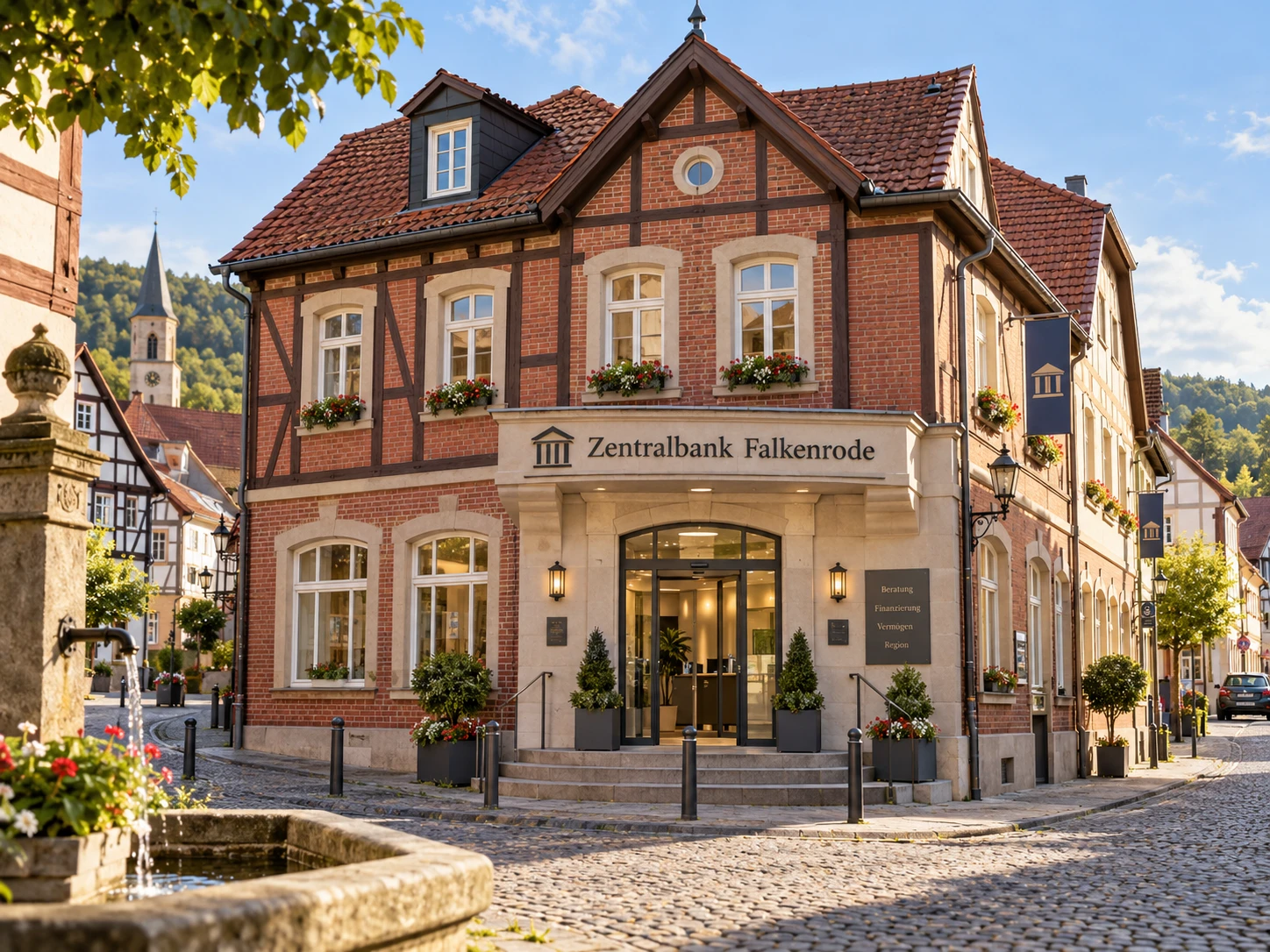 Zentralbank Falkenrode – traditionelles Backstein- und Fachwerkgebäude an der Hauptstraße