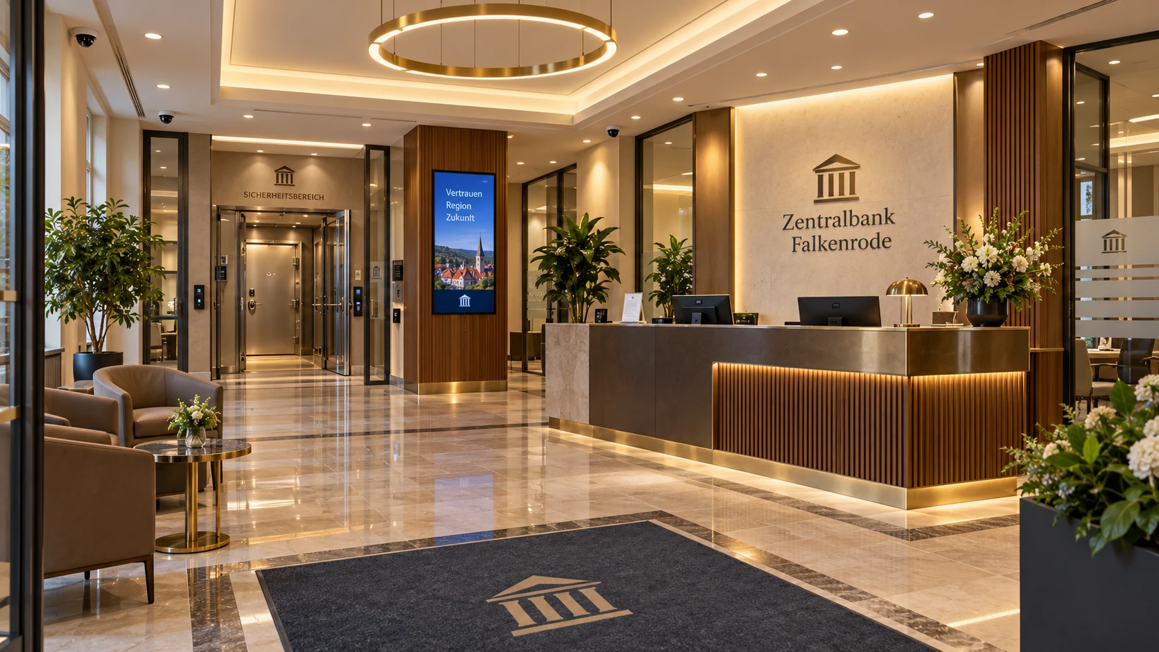 Eingangshalle der Zentralbank Falkenrode mit Empfangstresen und gesichertem Zugang